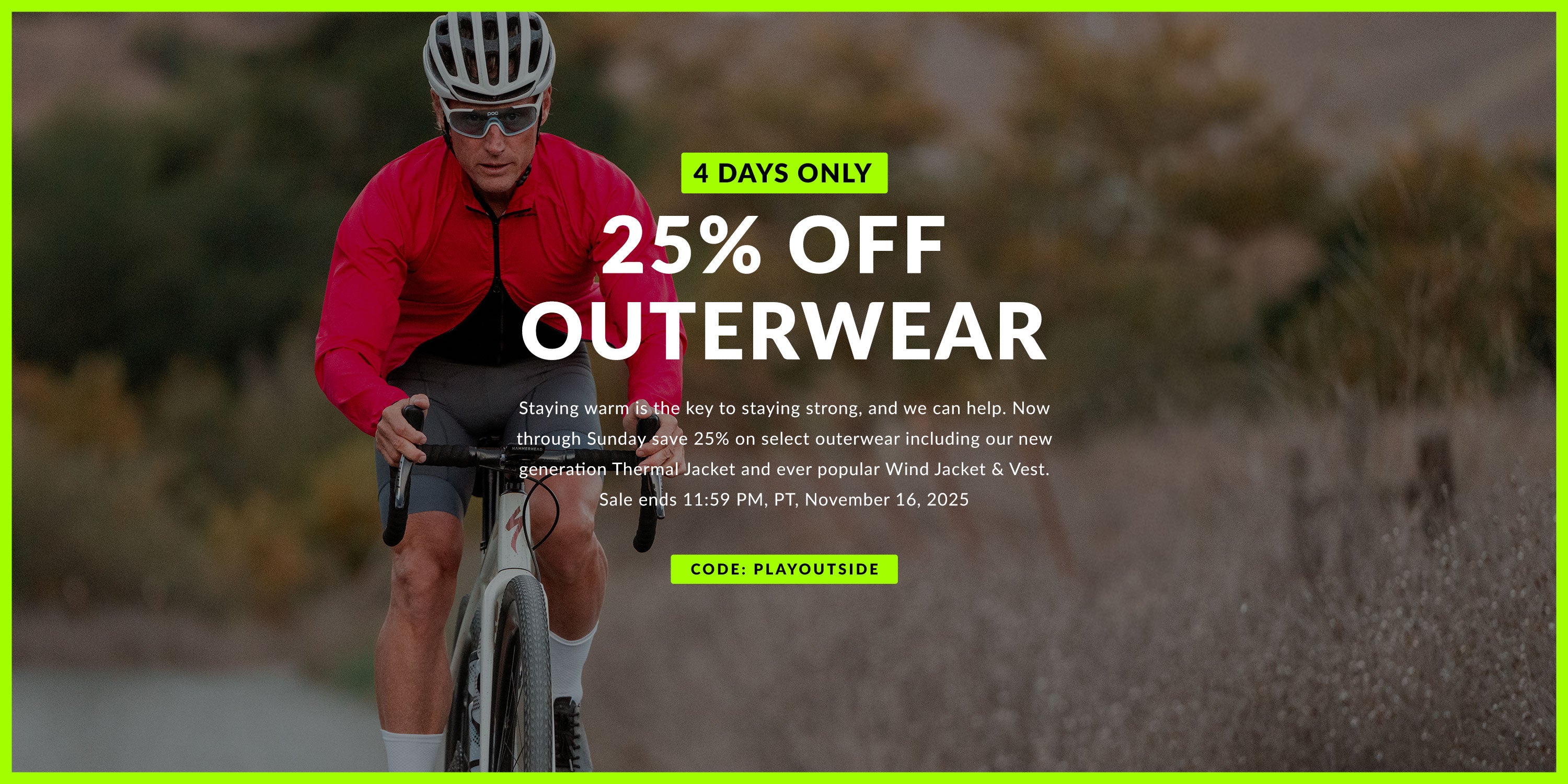 Biker in red jacket with promotional text overlay on a blurred natural background