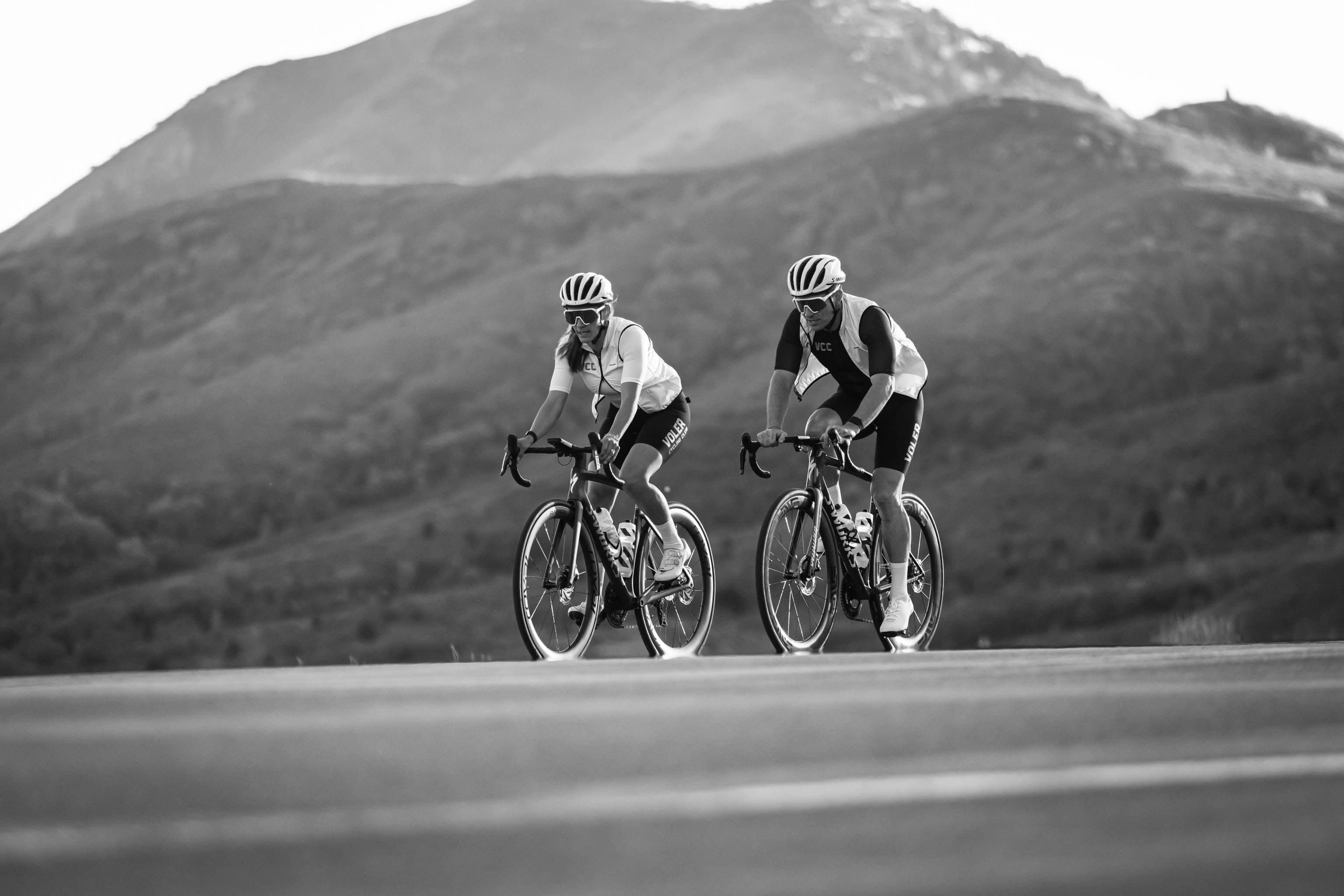 black and white photo with riders mid distance in VCC kits