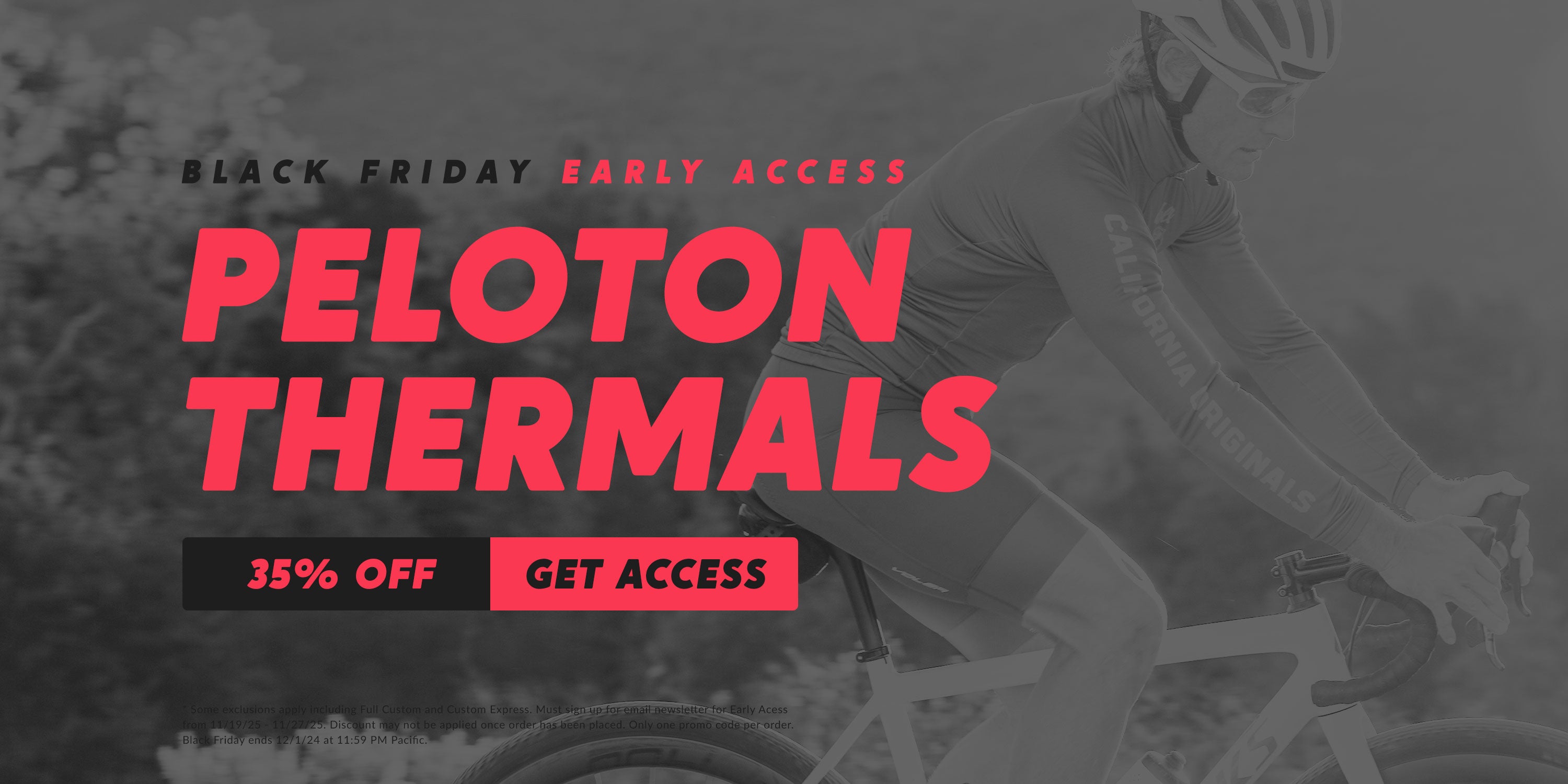Promotional image for Peloton thermals with a person cycling on a blurred background