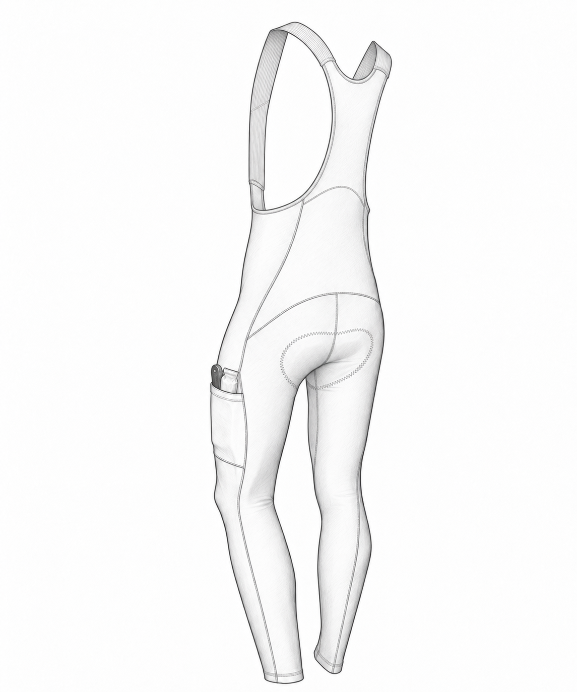 Rear illustration of Men’s Artico X Cargo Bib Tight showing bib straps and an item in the side pocket