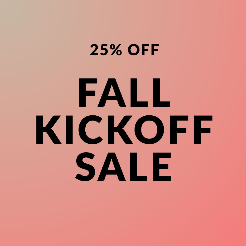 Promotional text for a fall kickoff sale with a 25% discount on a pink background.