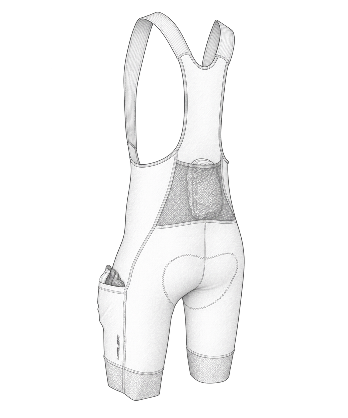 Rear illustration showing the mesh storage pocket, supportive panels and leg bands