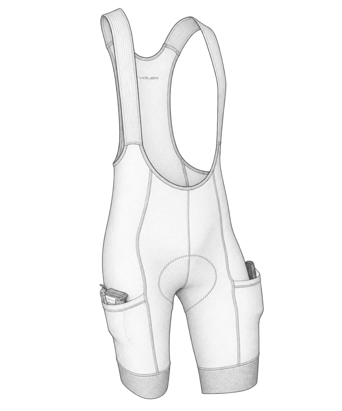 Front illustration of Men’s Black Label Cargo Bib with filled thigh pockets and separate leg bands