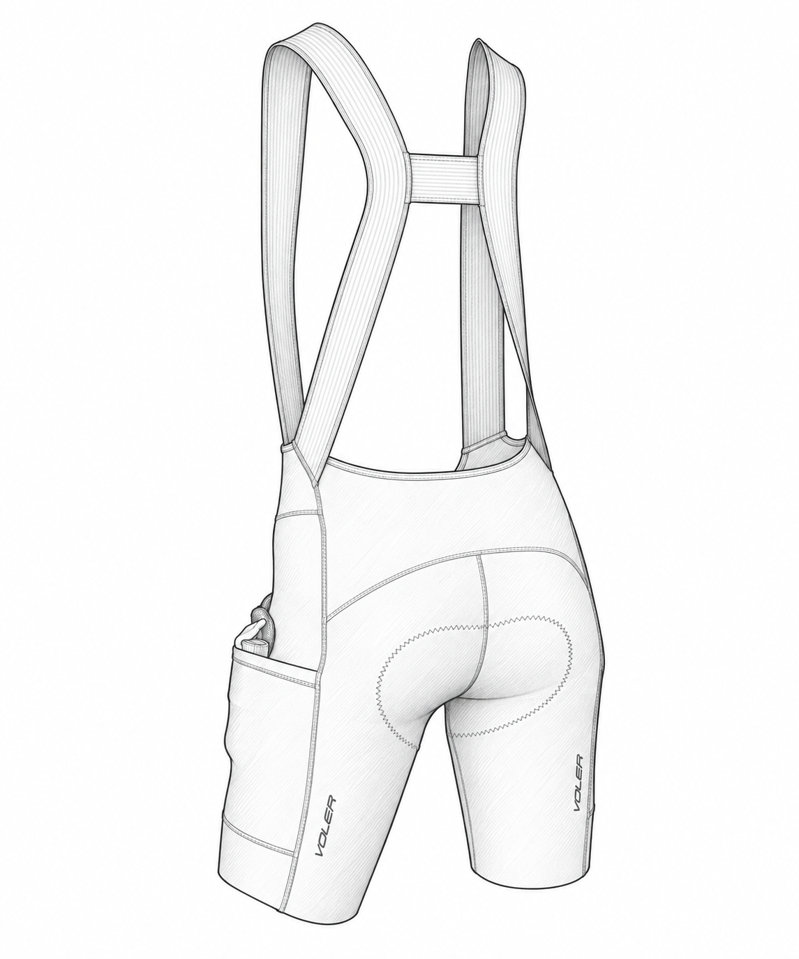 Rear illustration of Women’s Super Cargo Drop Tail Bib showing the open strap construction and filled side pocket