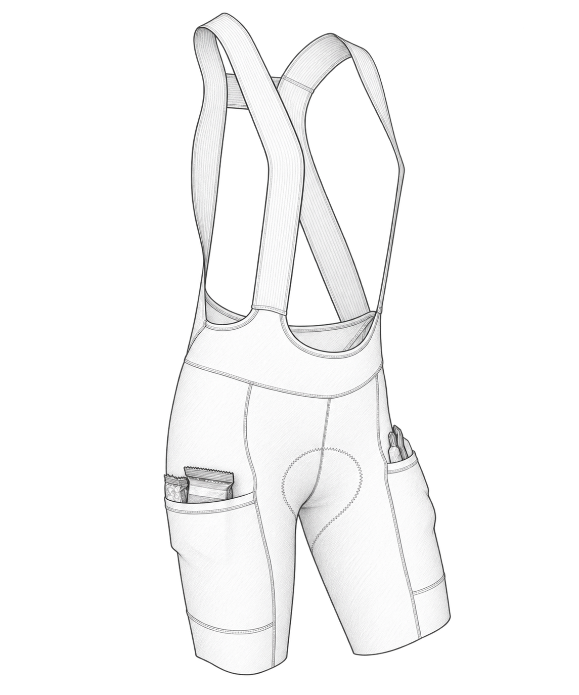 Front illustration of Women’s Super Cargo Drop Tail Bib with items in both thigh pockets
