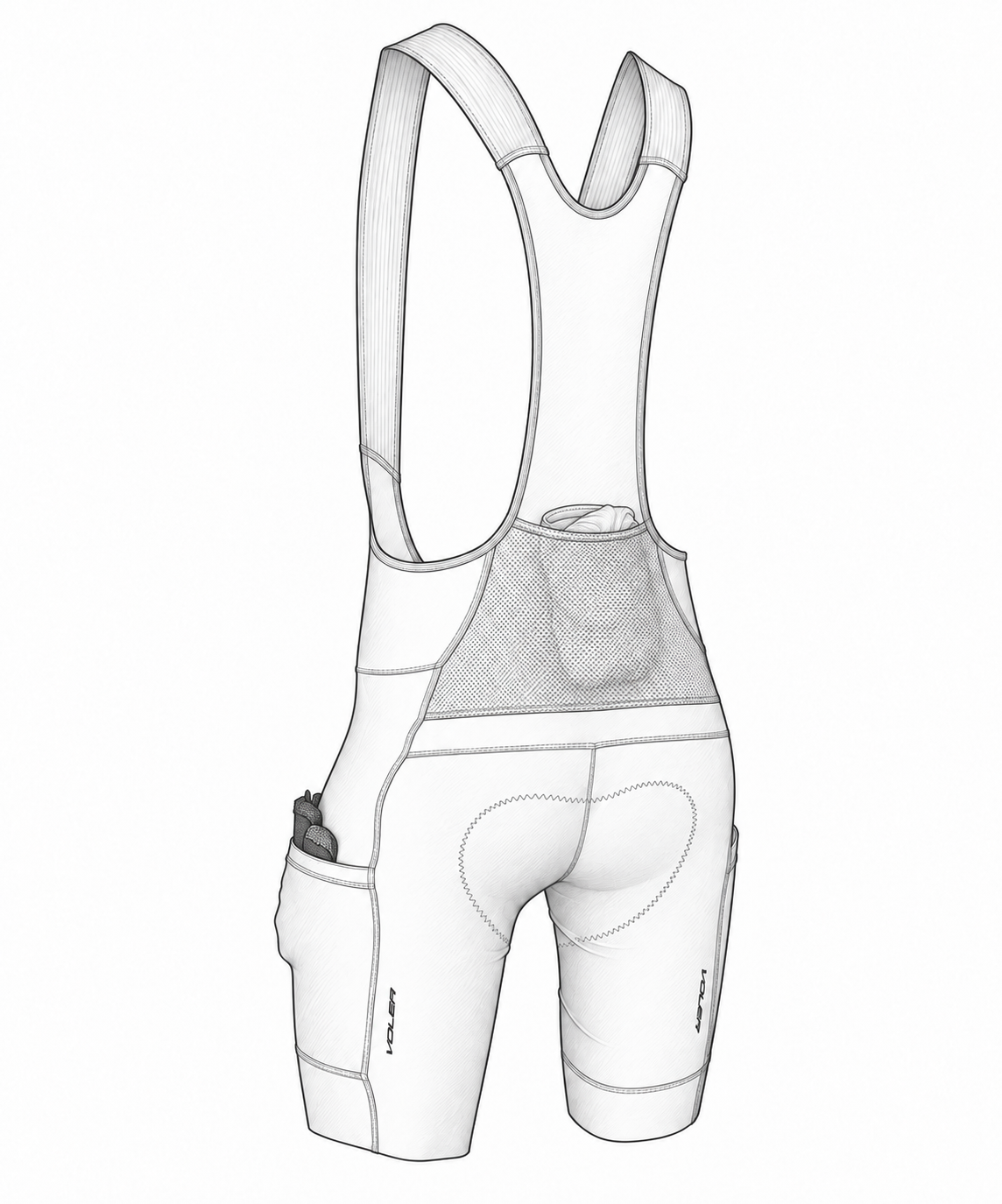 Rear illustration of Super Cargo bib shorts with a folded garment in the lower-back mesh pocket