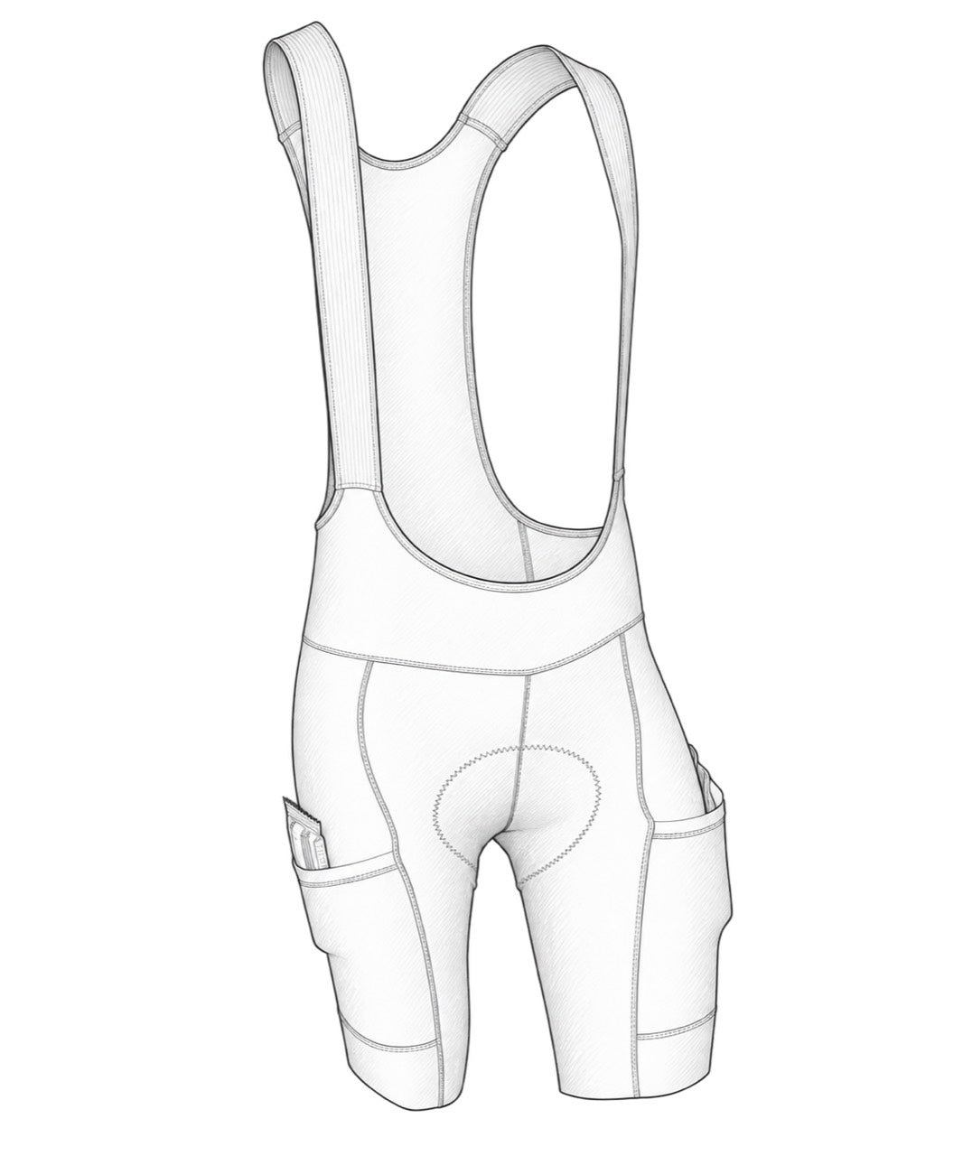 Front three-quarter illustration of Super Cargo bib shorts with items in the thigh pockets