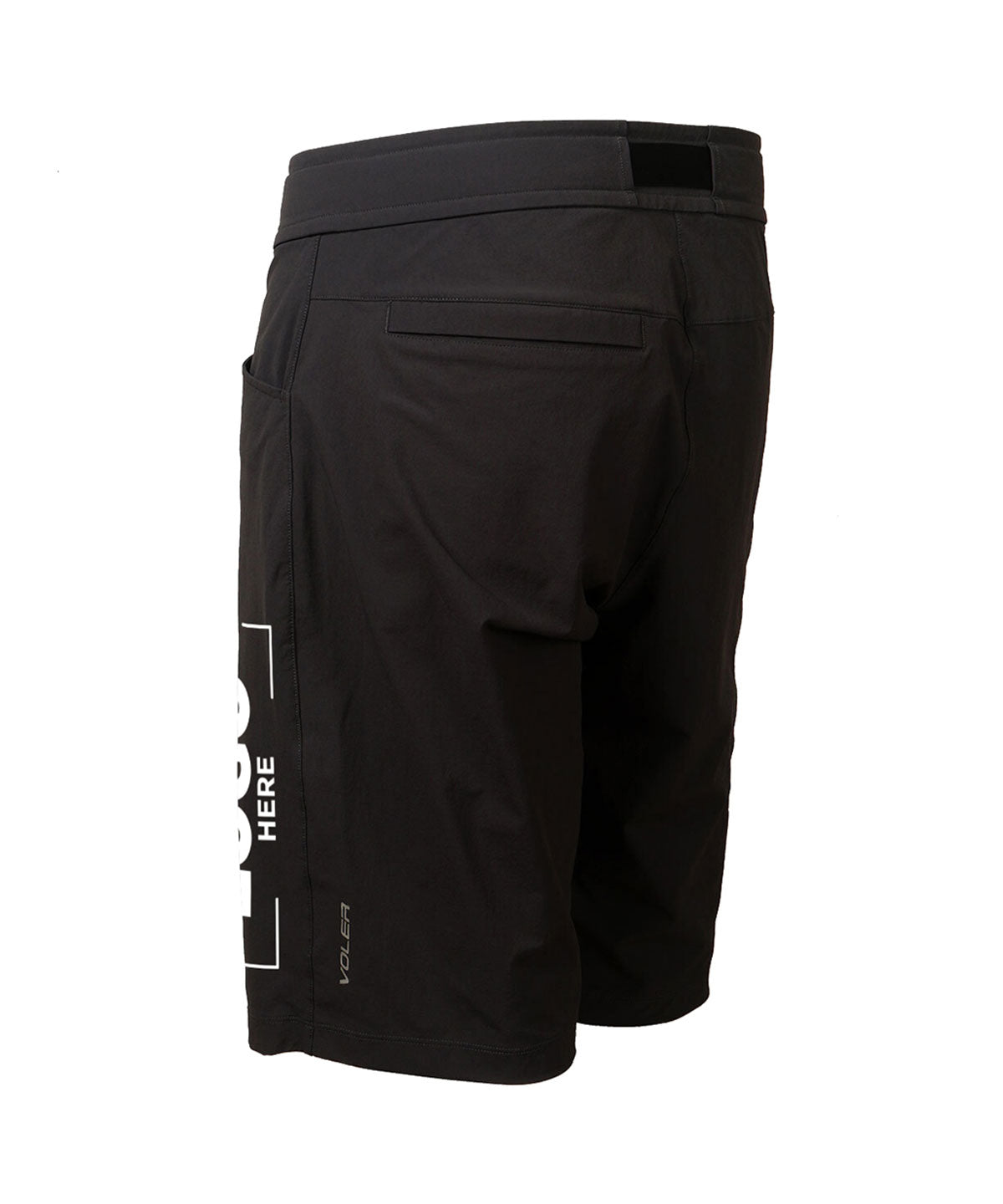 Rear three-quarter view of the All-Mountain Short with custom logo heat transfers