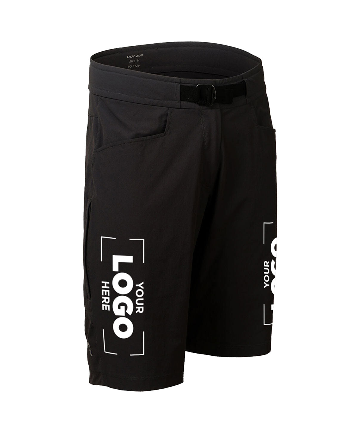 Front three-quarter view of the All-Mountain Short with custom logo heat transfers