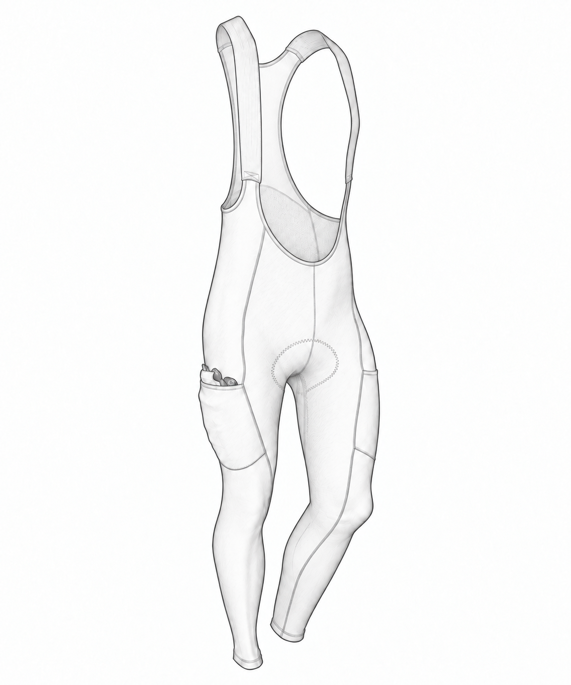 Front illustration of Men’s Artico X Cargo Bib Tight with items in the side pocket